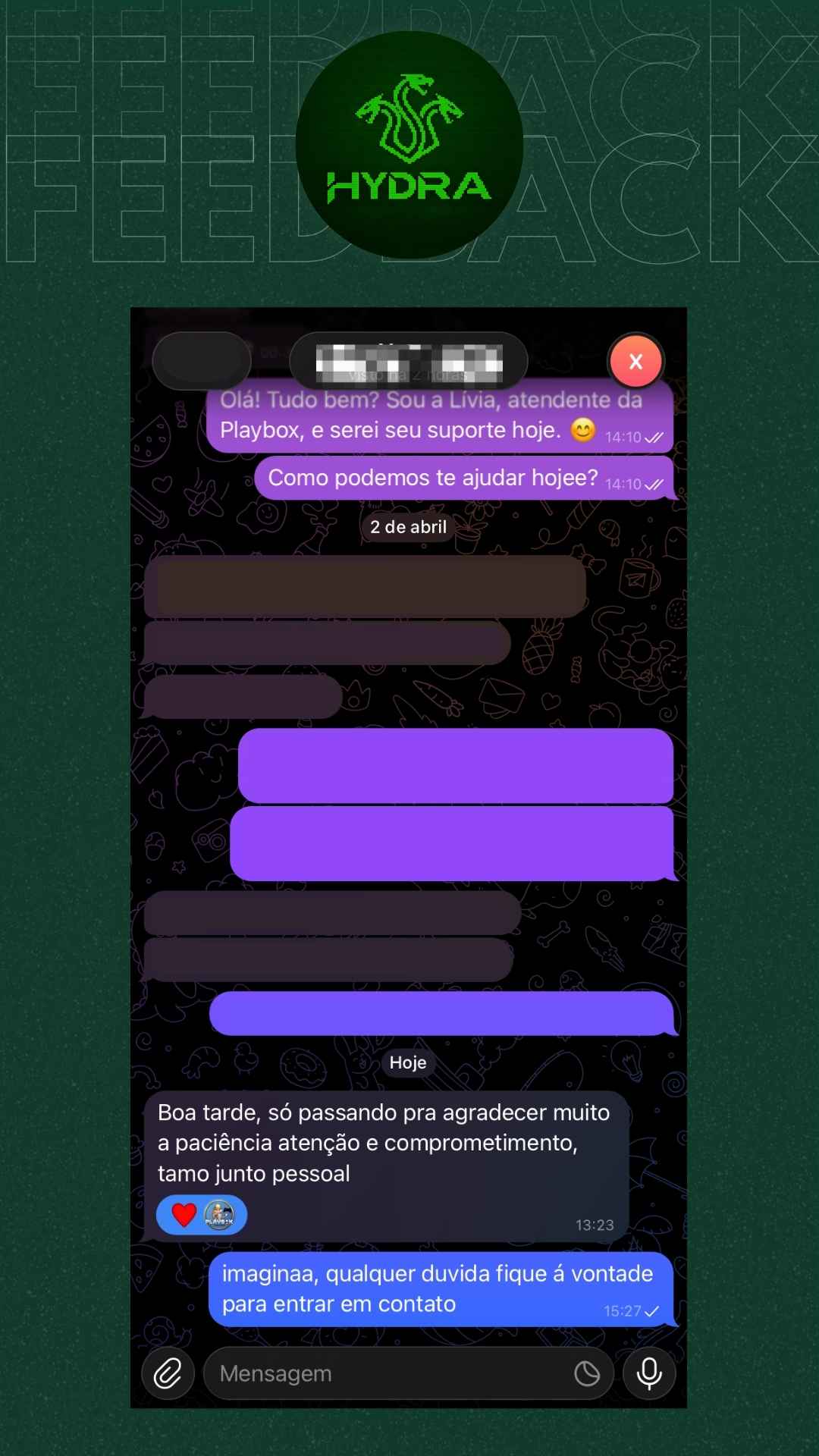 Feedback de cliente Hydrabox (SACPBox / SACHydrabox) — depoimento 1
